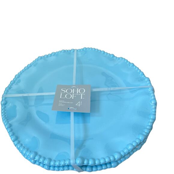 SOHO LOFT Sky Blue Melamine Scalloped Pearl Edge Dinner Plates 11" Set of 4 NEW - Picture 2 of 6